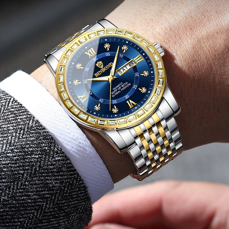 BINBOND B2202 Diamond Dual-calendar Luminous Quartz Watch, Color: Inter-gold-Blue