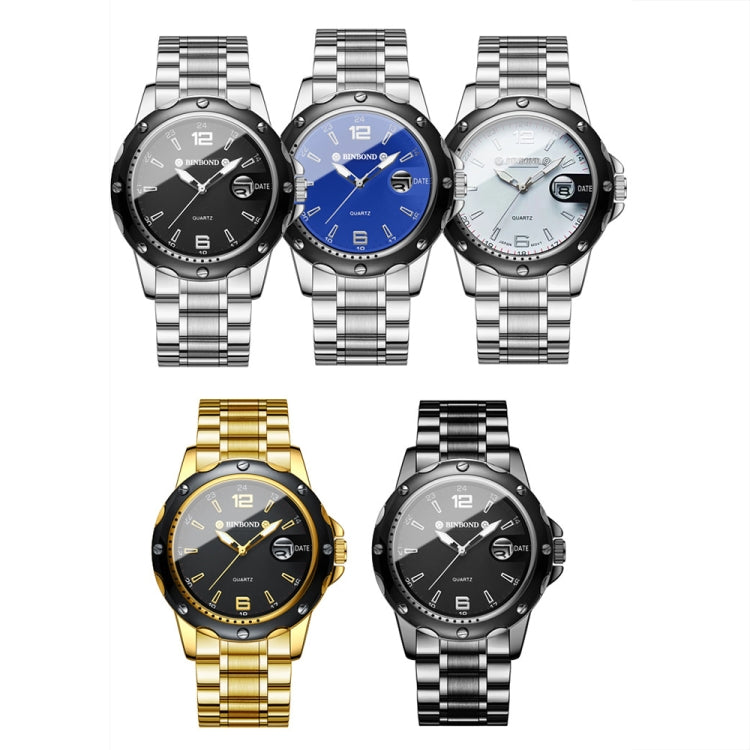 BINBOND B9696 Outdoor Calendar Luminous Waterproof Quartz Watch, Color: White Steel-Black