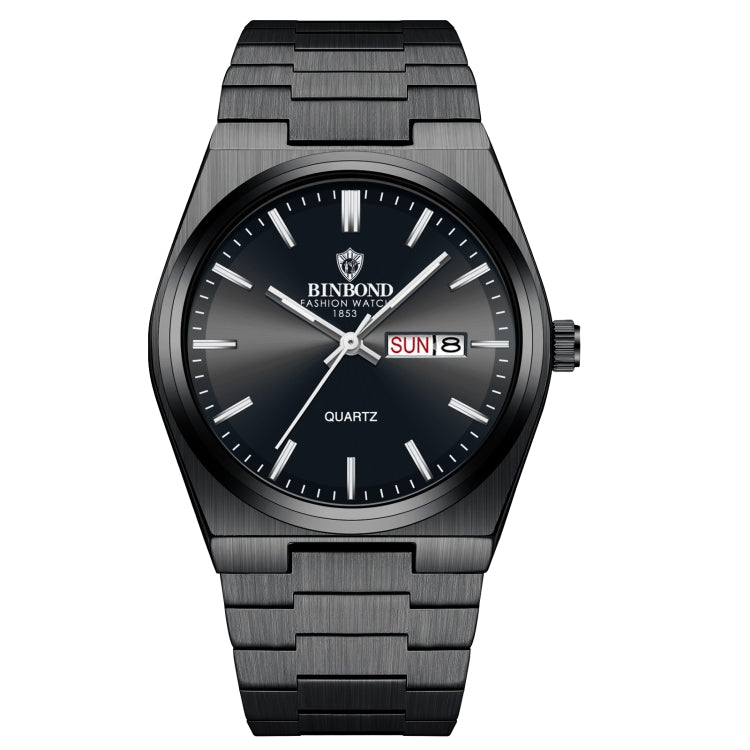 BINBOND B102 Dual-calendar Leisure Waterproof Luminous Quartz Watch, Color: Black Steel-Black-White