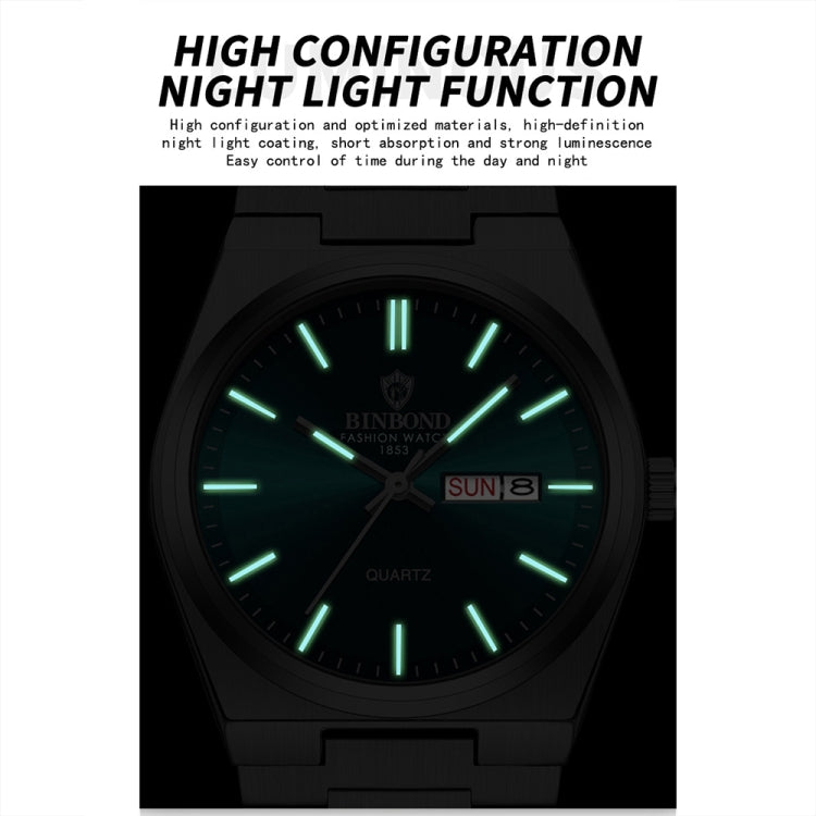 BINBOND B102 Dual-calendar Leisure Waterproof Luminous Quartz Watch, Color: White Steel-Green