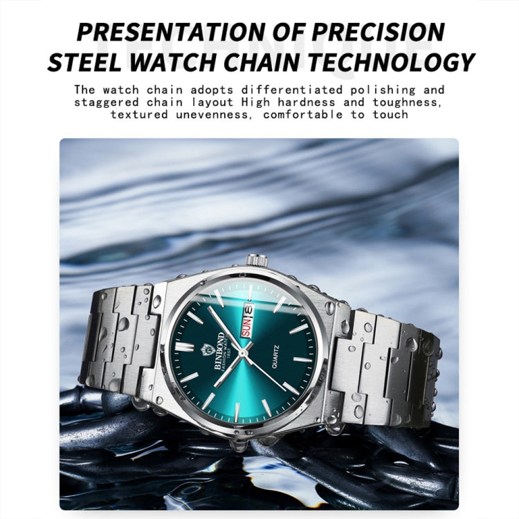 BINBOND B102 Dual-calendar Leisure Waterproof Luminous Quartz Watch, Color: White Steel-Green
