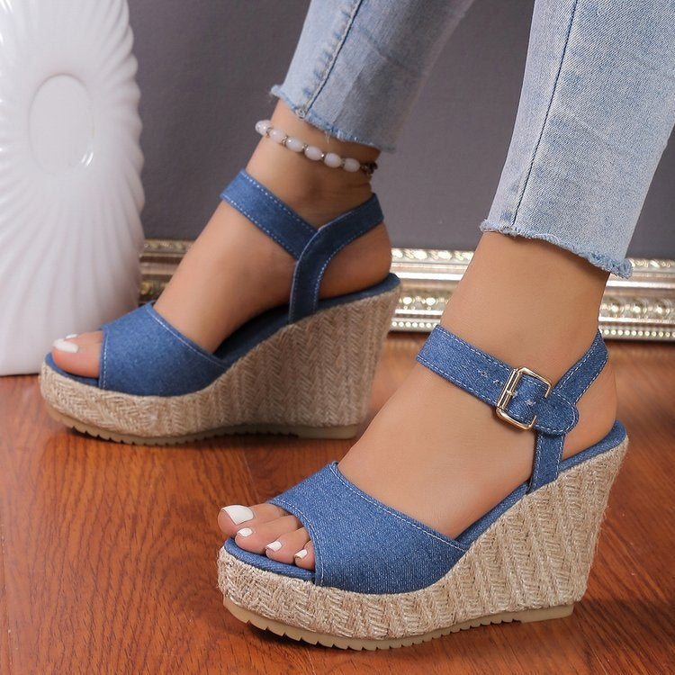Slope Heel Summer Women Sandals Thick Bottom Straw High Heels Sandals, Size: 41