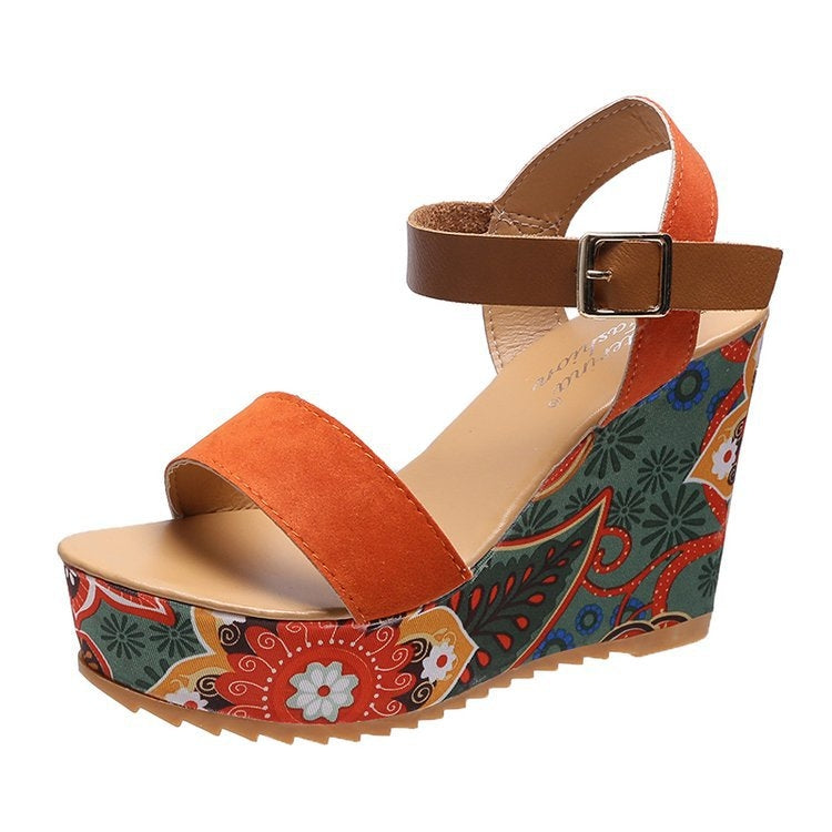 Summer Floral Fabric Slope Heel Women Sandals Comfortable Casual High Heels, Size: 35