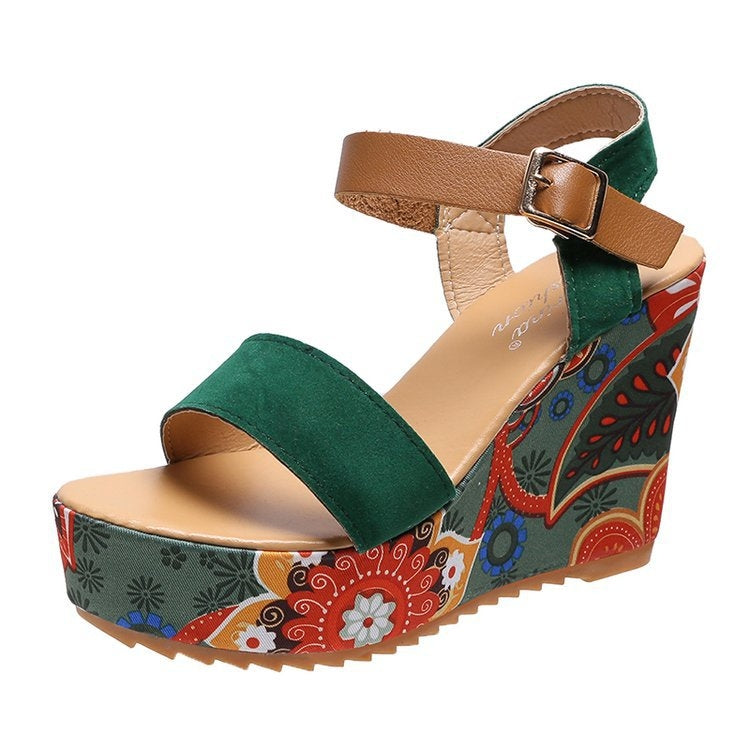 Summer Floral Fabric Slope Heel Women Sandals Comfortable Casual High Heels, Size: 38