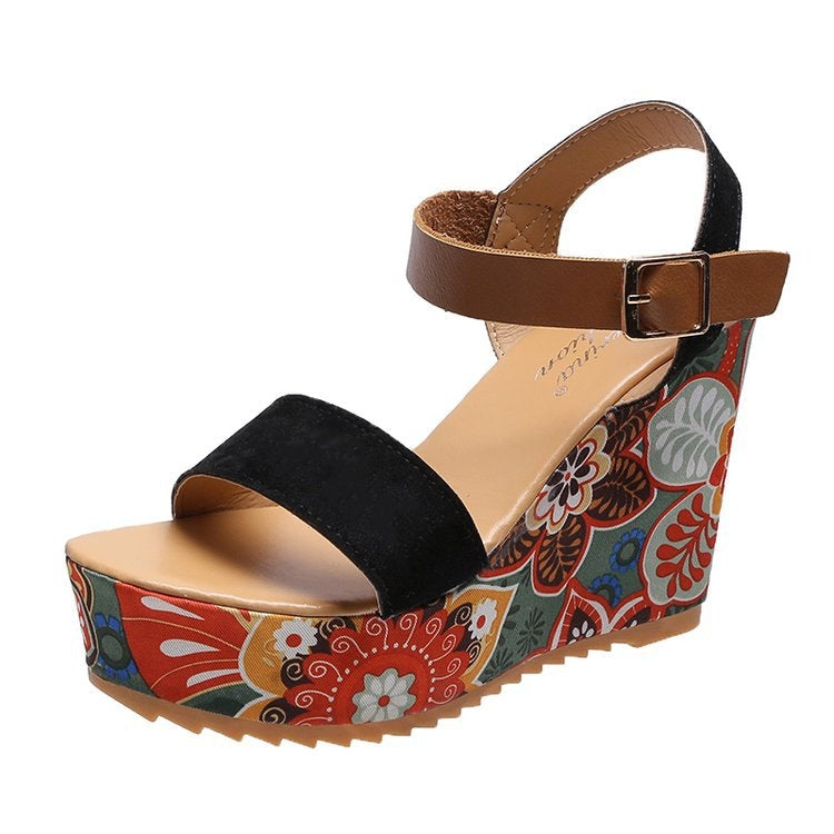 Summer Floral Fabric Slope Heel Women Sandals Comfortable Casual High Heels, Size: 40