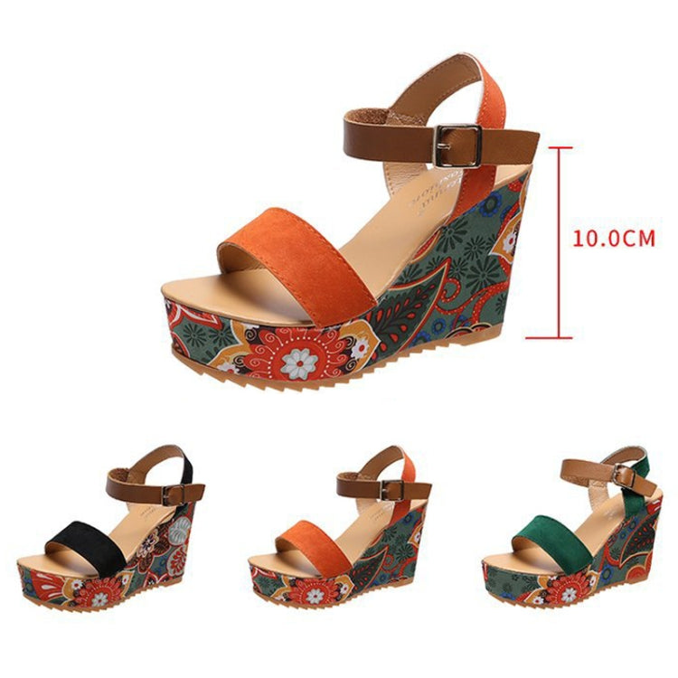 Summer Floral Fabric Slope Heel Women Sandals Comfortable Casual High Heels, Size: 38