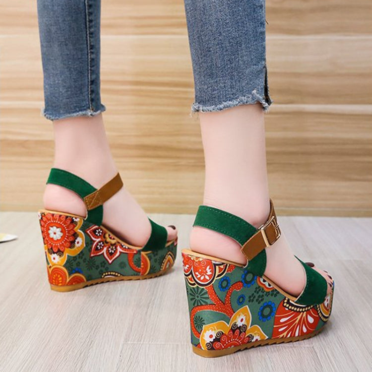 Summer Floral Fabric Slope Heel Women Sandals Comfortable Casual High Heels, Size: 39
