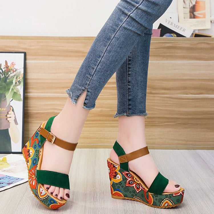 Summer Floral Fabric Slope Heel Women Sandals Comfortable Casual High Heels, Size: 39