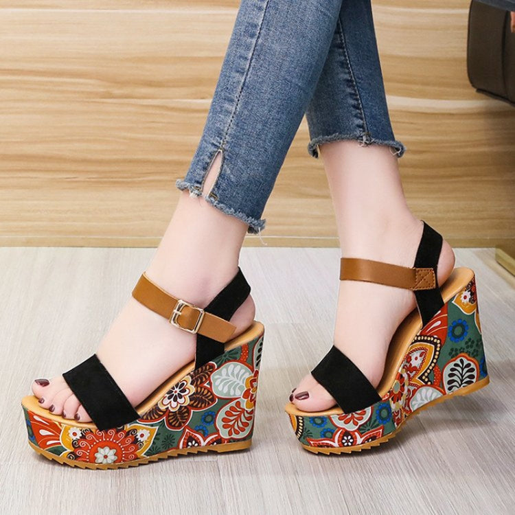 Summer Floral Fabric Slope Heel Women Sandals Comfortable Casual High Heels, Size: 35