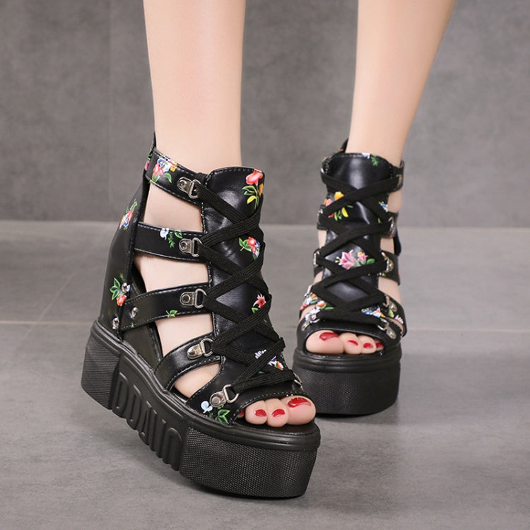 Summer Roman Sandals High Heel Floral Printed Cross Strap Women Shoes, Size: 38