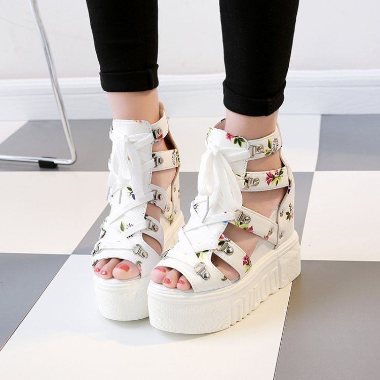 Summer Roman Sandals High Heel Floral Printed Cross Strap Women Shoes, Size: 40