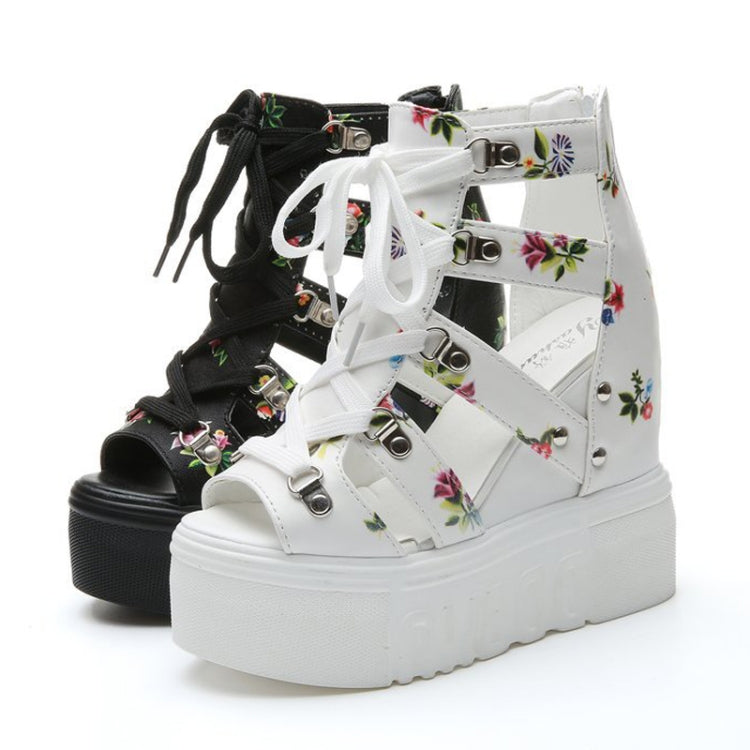 Summer Roman Sandals High Heel Floral Printed Cross Strap Women Shoes, Size: 41