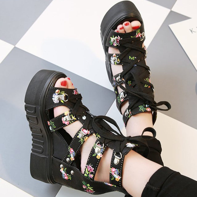 Summer Roman Sandals High Heel Floral Printed Cross Strap Women Shoes, Size: 37