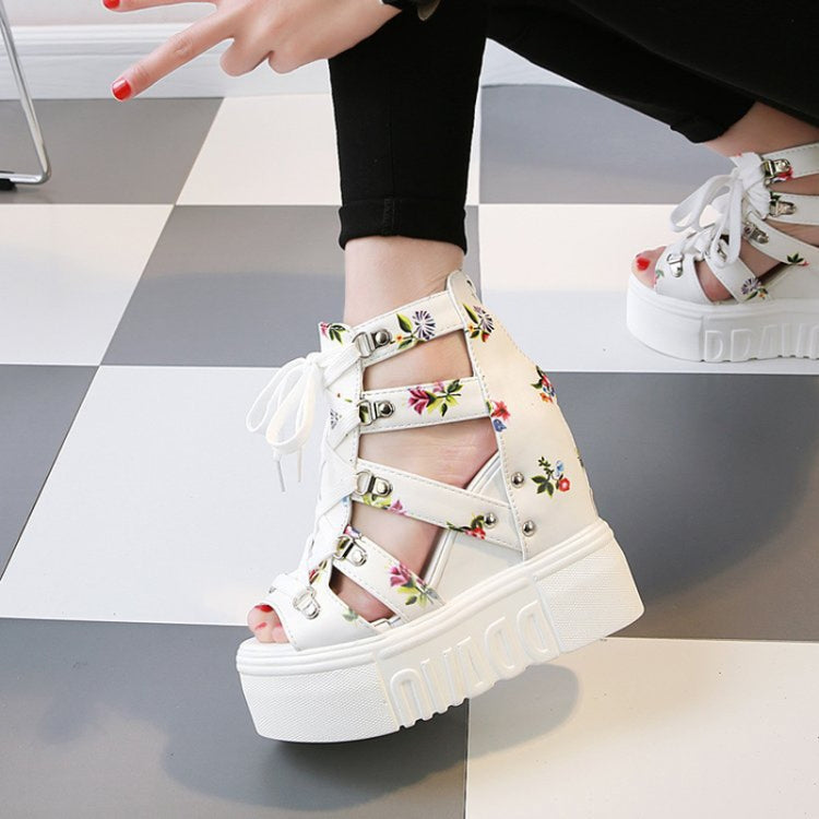 Summer Roman Sandals High Heel Floral Printed Cross Strap Women Shoes, Size: 42