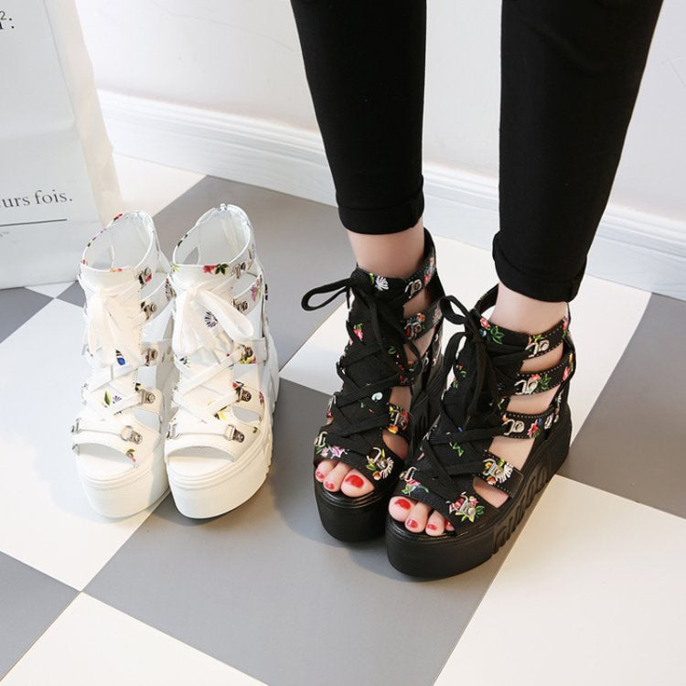 Summer Roman Sandals High Heel Floral Printed Cross Strap Women Shoes, Size: 38