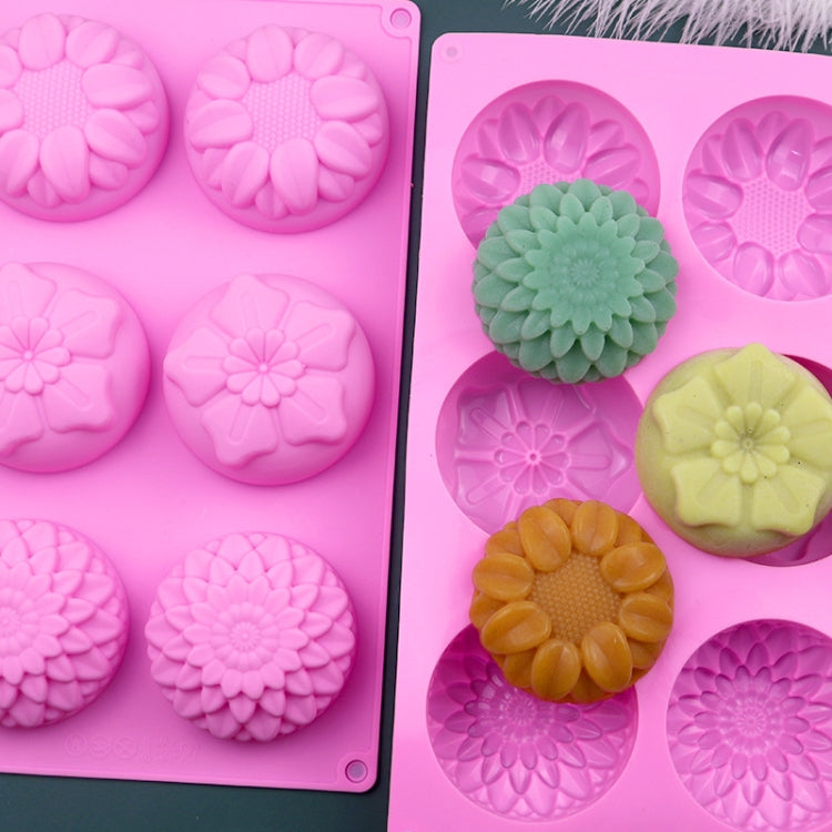 6 Grids 3 Groups Flower Shape Silicone Cake Mold Baking DIY Handmade Soap Model Sunflower Moon Cake Mold - Pink