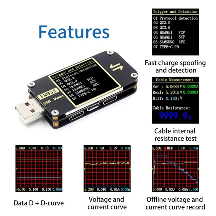FNIRSI FNB38 USB Voltage And Current Meter Capacity Fast Charging Protocol Tester - Black