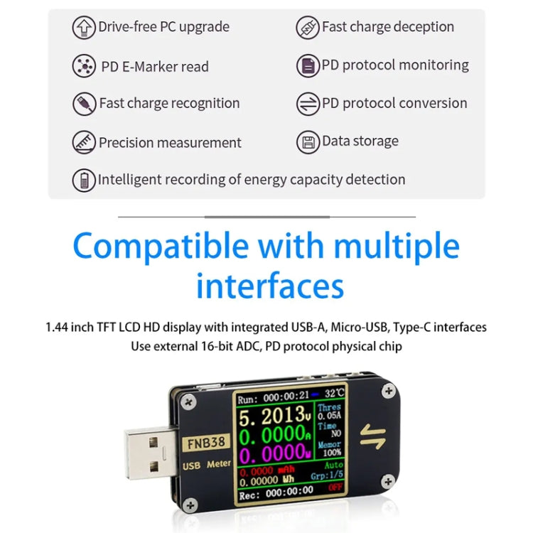 FNIRSI FNB38 USB Voltage And Current Meter Capacity Fast Charging Protocol Tester - Black