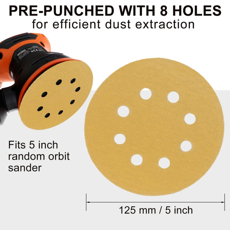 100pcs / Box 5 Inch 8 Holes Round Disc Sanding Sandpaper 125mm Yellow Sand Flocking Sheet, Grit: P80
