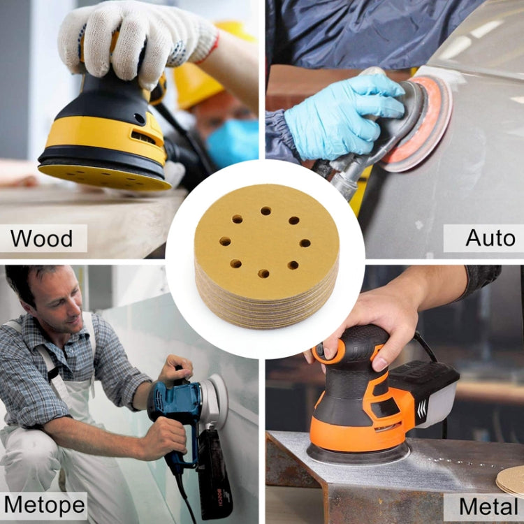 100pcs / Box 5 Inch 8 Holes Round Disc Sanding Sandpaper 125mm Yellow Sand Flocking Sheet, Grit: P100