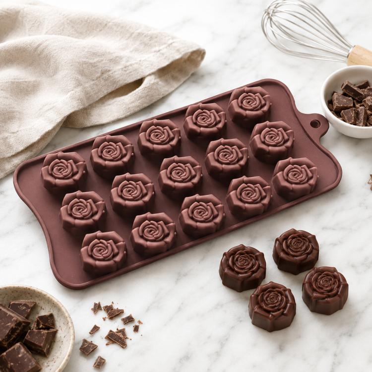 15 Grids Dimensional Rose Chocolate Mould Silicone Handmade Soap Molds - Chocolate Color