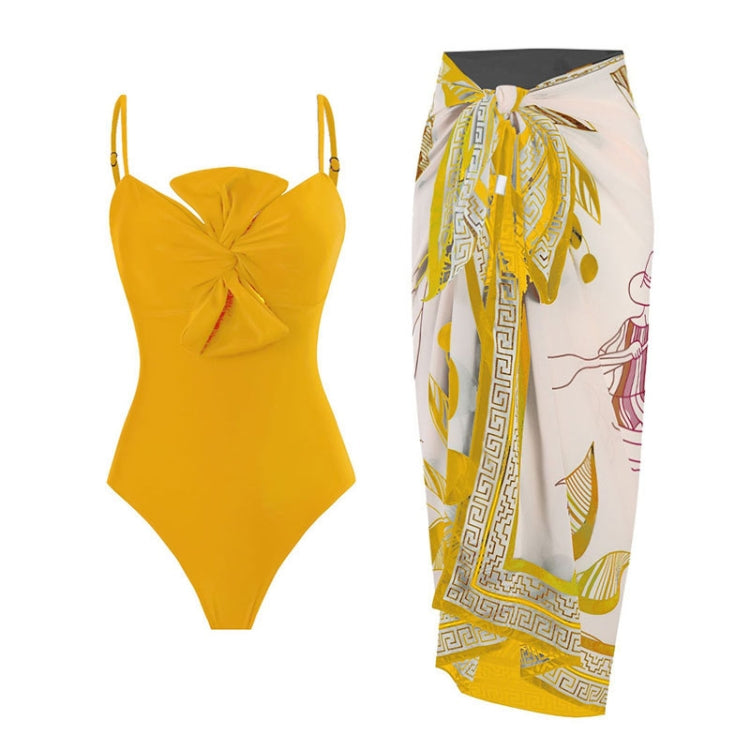Bow-knot Solid Color One-Piece Swimsuit Retro Belly-covering Slimming Swimsuit, Size: S