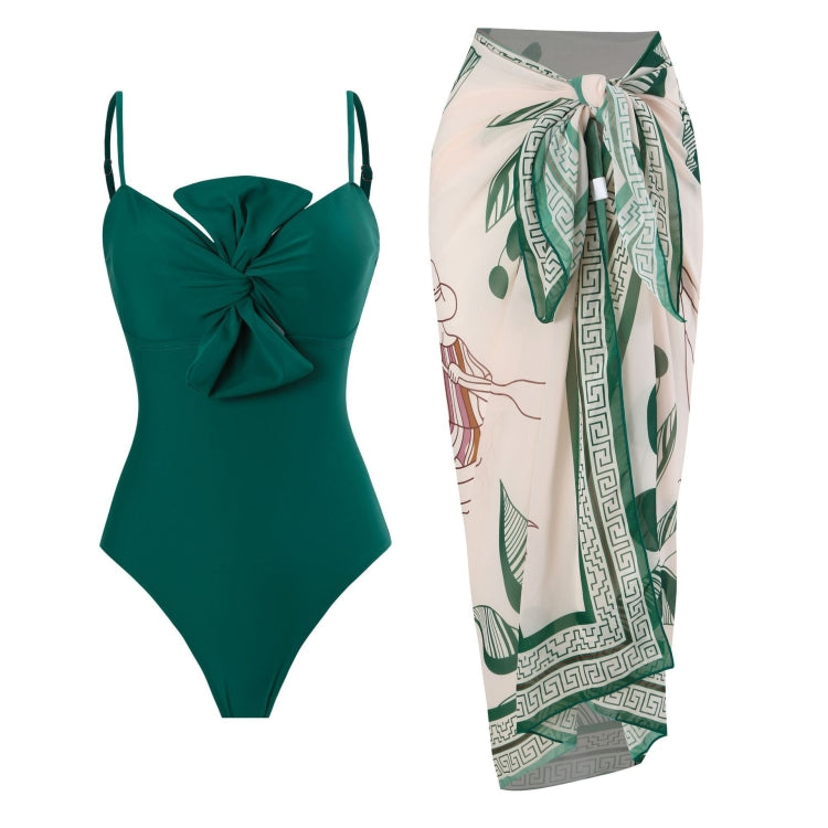 Bow-knot Solid Color One-Piece Swimsuit Retro Belly-covering Slimming Swimsuit, Size: M