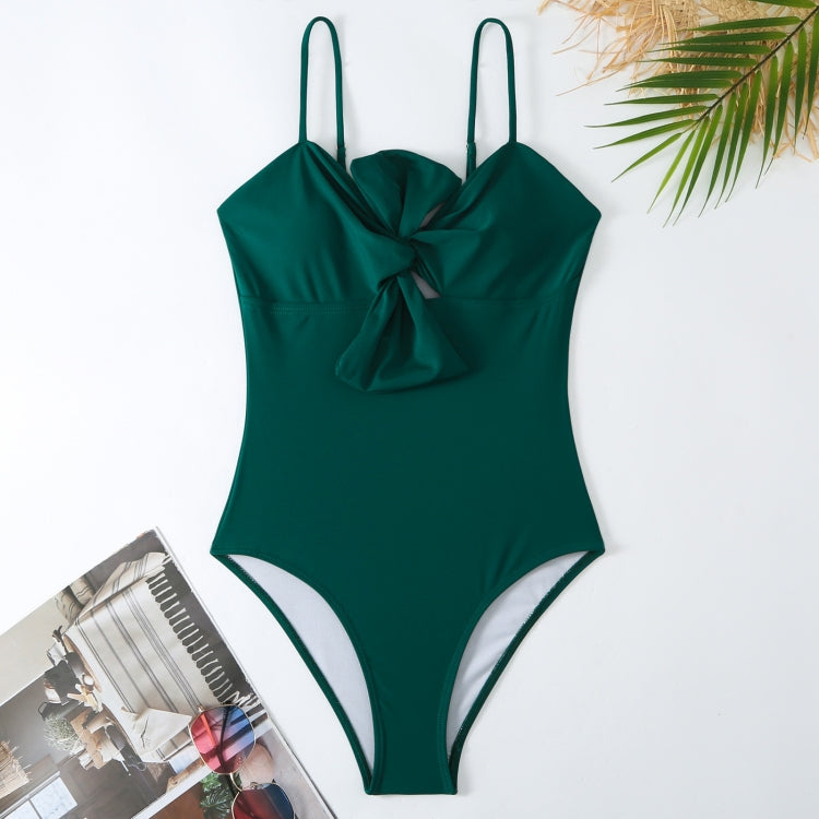 Bow-knot Solid Color One-Piece Swimsuit Retro Belly-covering Slimming Swimsuit, Size: S