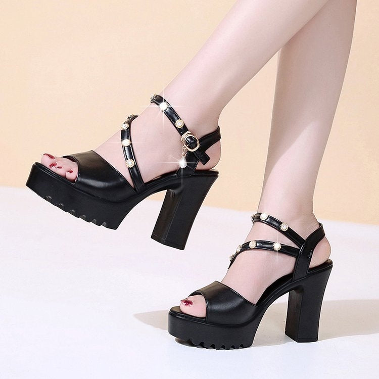 Summer Women High Heeled Sandals Thick Bottom Waterproof Platform Buckle Strap Lady Shoes, Size: 38