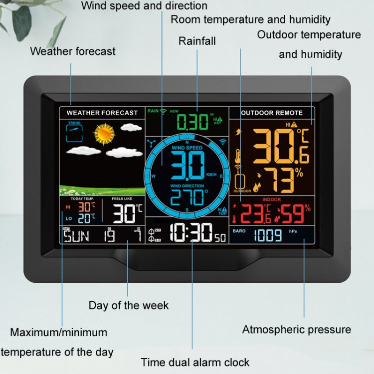 Wireless Weather Station Wind Speed Rain And Wind Direction Detection Weather Forecast Clock - Black