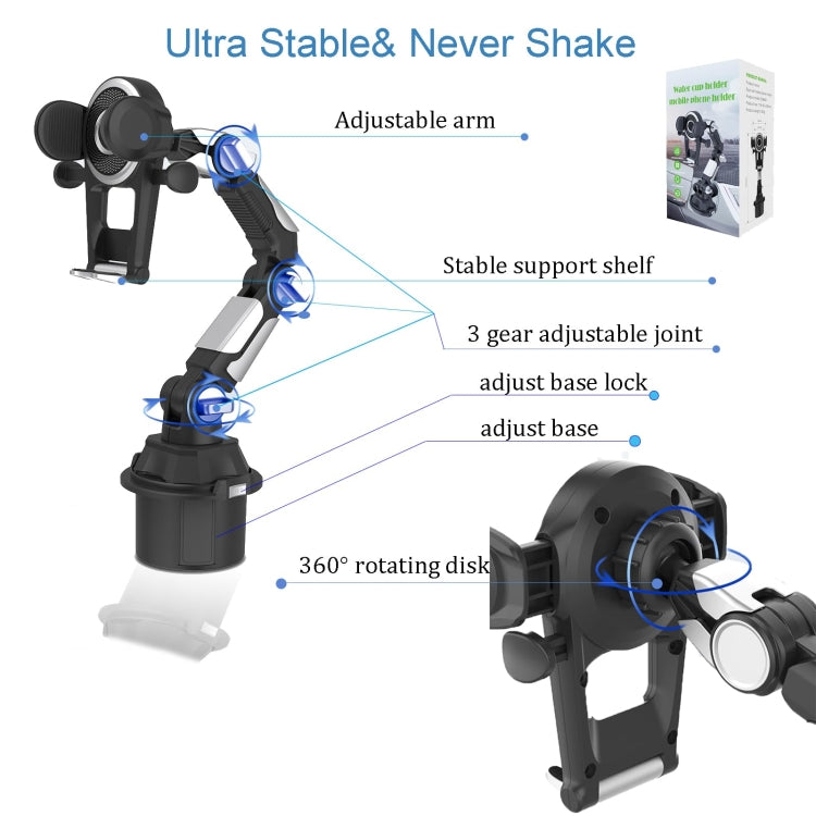 Universal Long Tube 3 Joints Adjustable Car Water Cup Position Cell Phone Holder - S0666A Silver