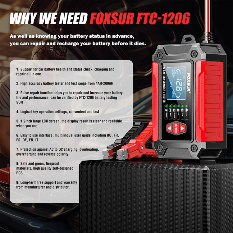 FOXSUR Cars Motorcycles 12V Lithium Cattery Charger With Battery Detection