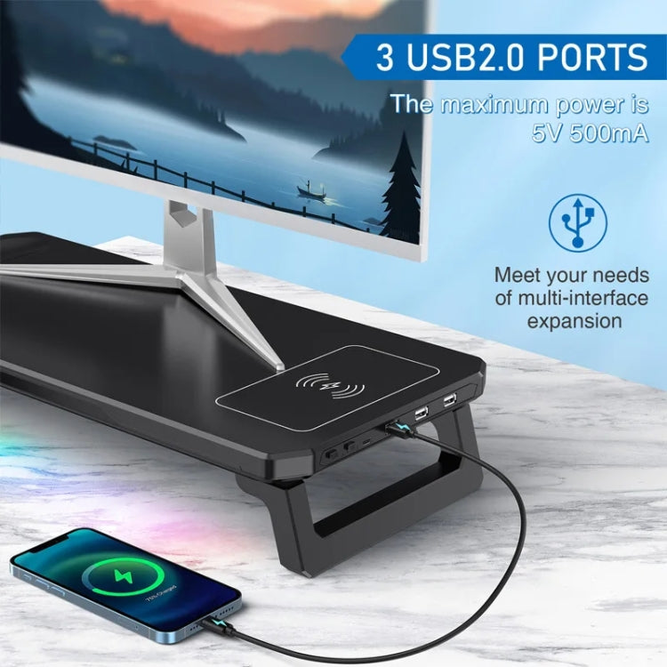 RGB Computer Monitor Stand Riser 3 USB 2.0 +1 Type-C Ports, Spec: Wireless Charging  Black