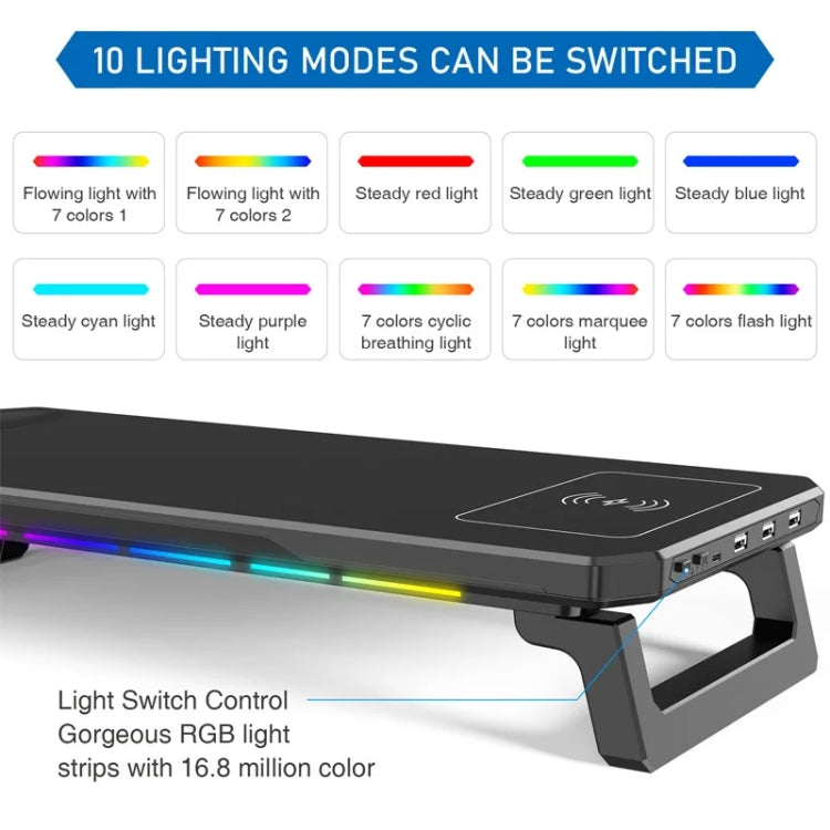 RGB Computer Monitor Stand Riser 3 USB 2.0 +1 Type-C Ports, Spec: Wireless Charging  Black