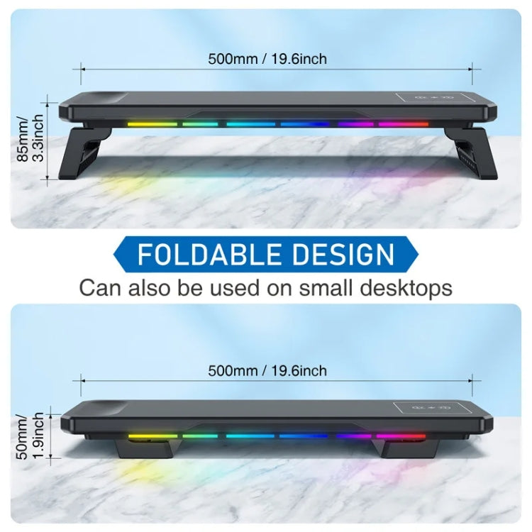 RGB Computer Monitor Stand Riser 3 USB 2.0 +1 Type-C Ports, Spec: Wireless Charging  Black