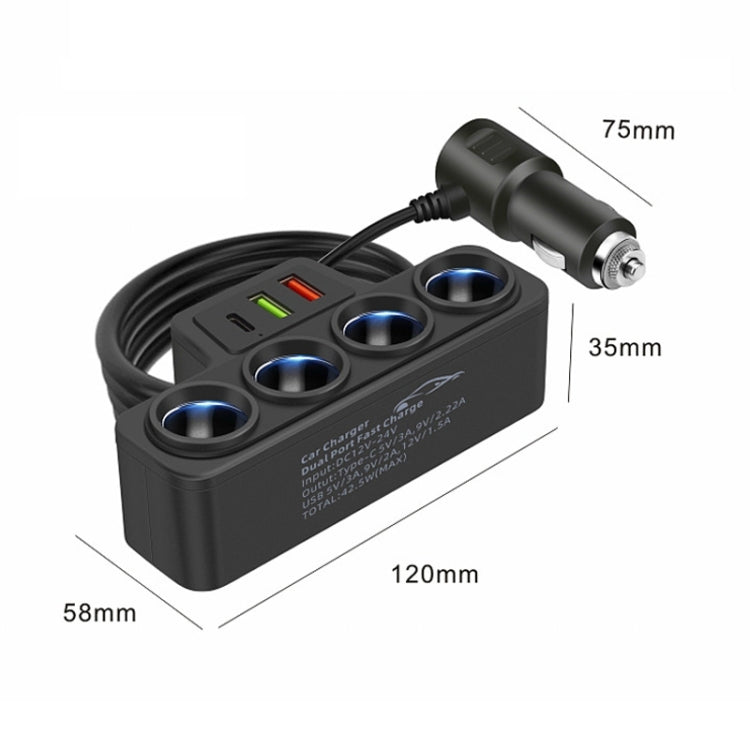 1 to 4 Q3.0 Car Cigarette Lighter Fast Charging 120W Car Conversion Plug - BY-1369