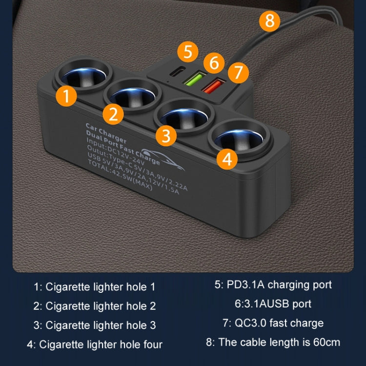 1 to 4 Q3.0 Car Cigarette Lighter Fast Charging 120W Car Conversion Plug - BY-1369