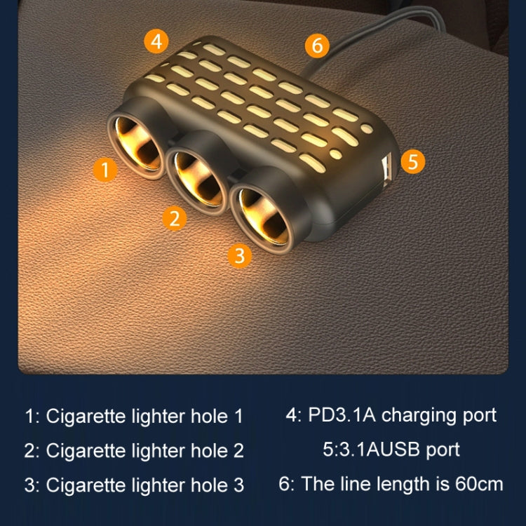 1 To 3 12V/24V Car Cigarette Lighter Charger Multi-function Seven-color Light - 120W