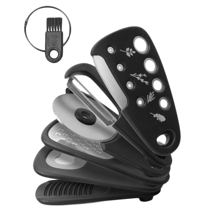 6 In 1 Stackable Kitchen Gadgets Melon Peeler Herb Chopper Garlic Grater Can Opener Pizza Cutter - Black