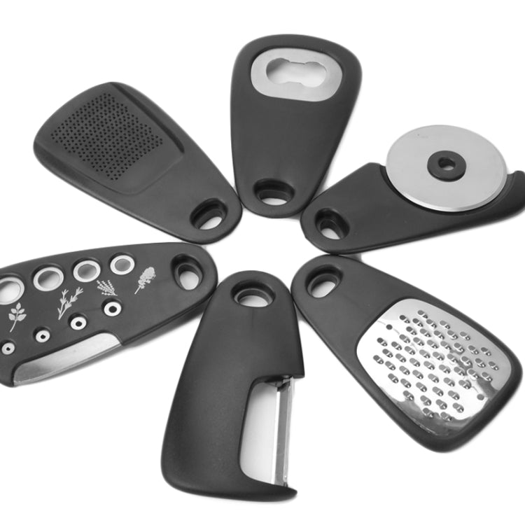 6 In 1 Stackable Kitchen Gadgets Melon Peeler Herb Chopper Garlic Grater Can Opener Pizza Cutter - Black