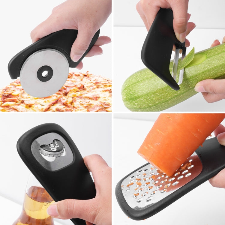 6 In 1 Stackable Kitchen Gadgets Melon Peeler Herb Chopper Garlic Grater Can Opener Pizza Cutter - Black