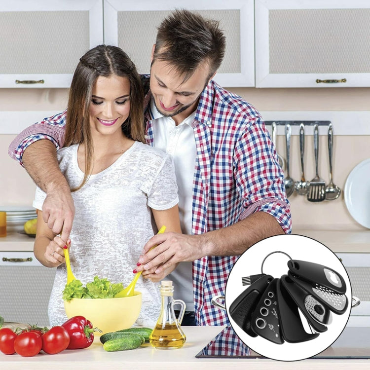 6 In 1 Stackable Kitchen Gadgets Melon Peeler Herb Chopper Garlic Grater Can Opener Pizza Cutter - Black
