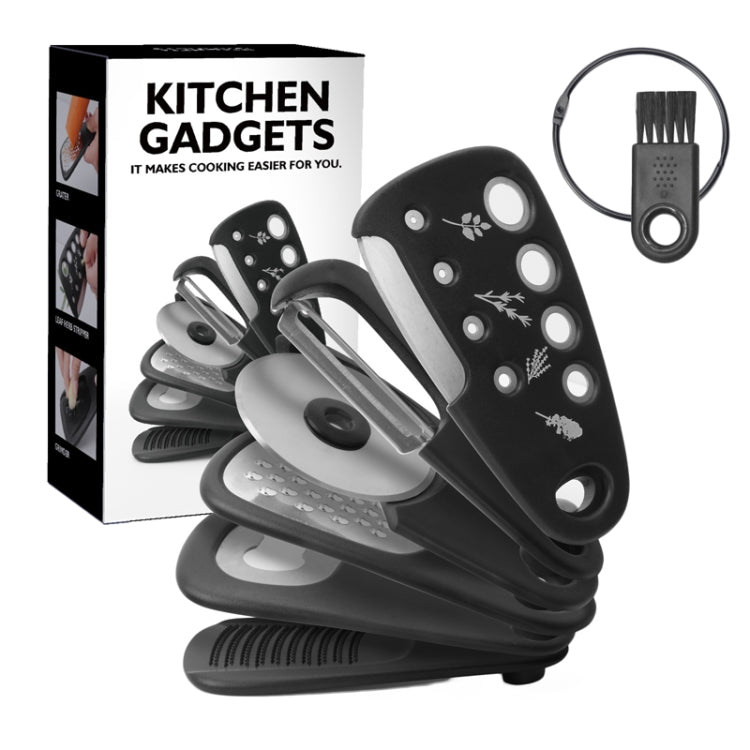6 In 1 Stackable Kitchen Gadgets Melon Peeler Herb Chopper Garlic Grater Can Opener Pizza Cutter - Black