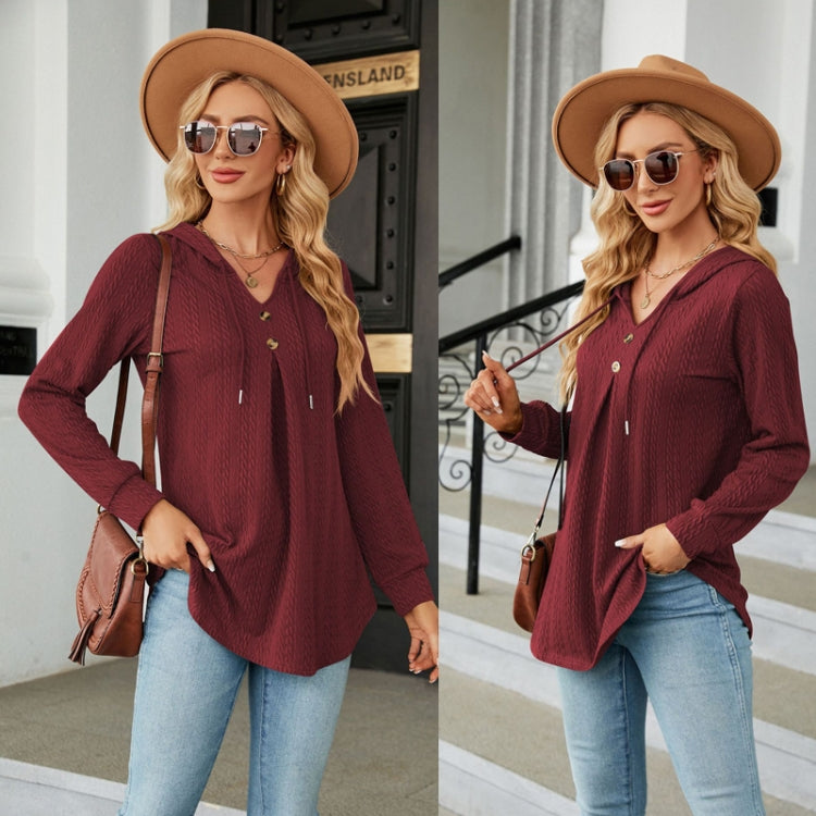 Autumn Winter V-Neck Loose Long Sleeve Hooded Sweatshirt Women Outerwear, Size: L