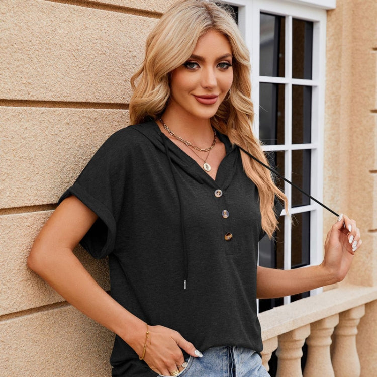 Ladies Summer Hooded Button Loose Short Sleeve T-Shirt Blouse, Size: S