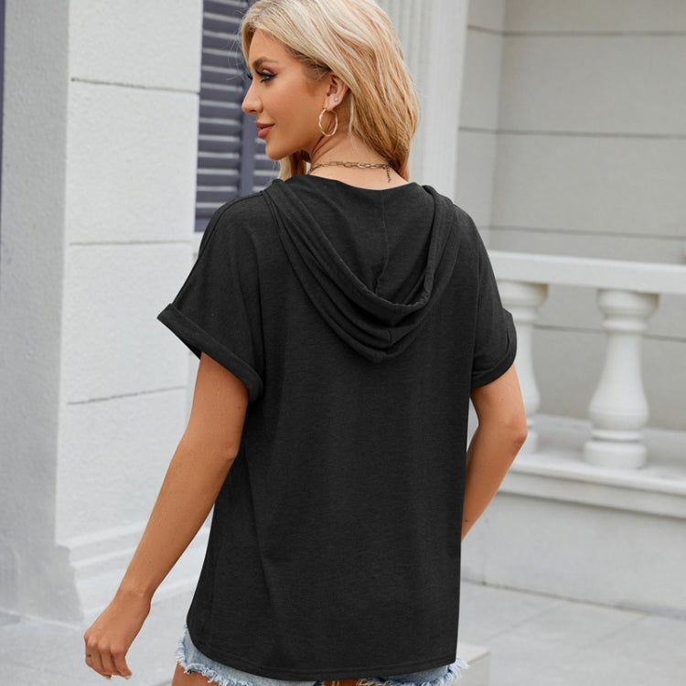 Ladies Summer Hooded Button Loose Short Sleeve T-Shirt Blouse, Size: S