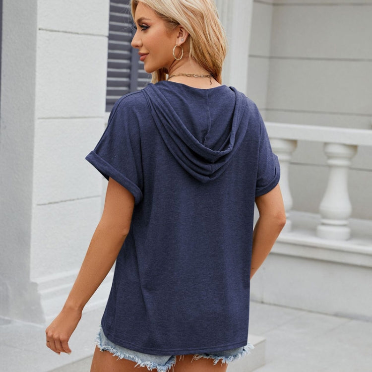 Ladies Summer Hooded Button Loose Short Sleeve T-Shirt Blouse, Size: XL