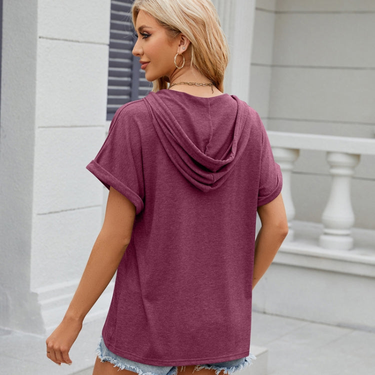 Ladies Summer Hooded Button Loose Short Sleeve T-Shirt Blouse, Size: XL