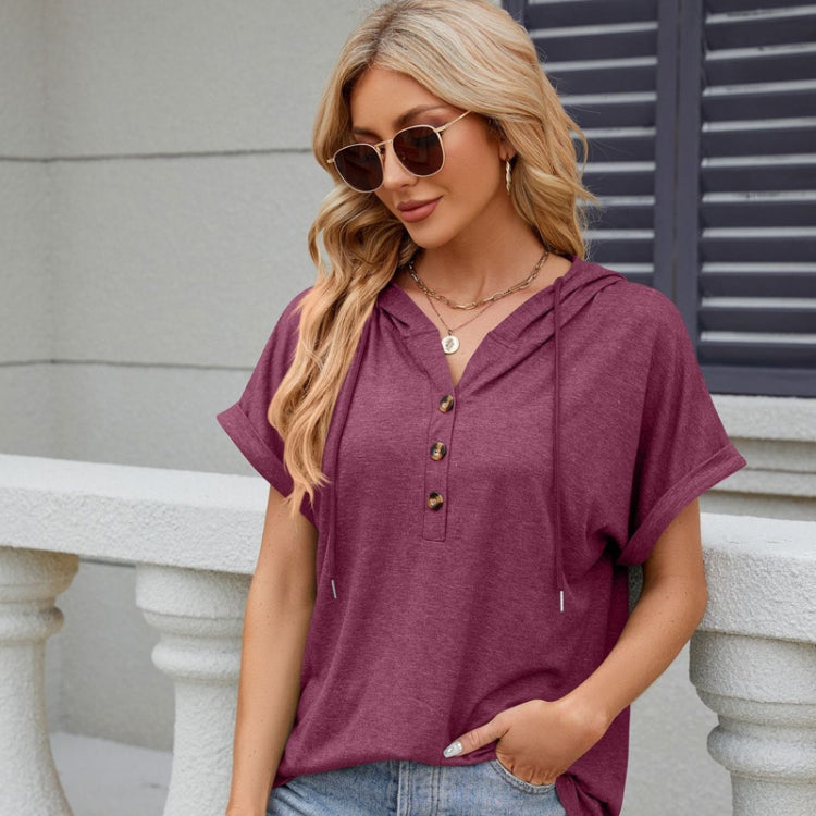 Ladies Summer Hooded Button Loose Short Sleeve T-Shirt Blouse, Size: XXL