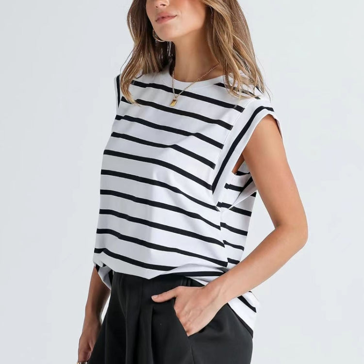 Women Stripe Style Summer Loose Top Basic T-Shirt Round Neck Casual Tank, Size: S - White